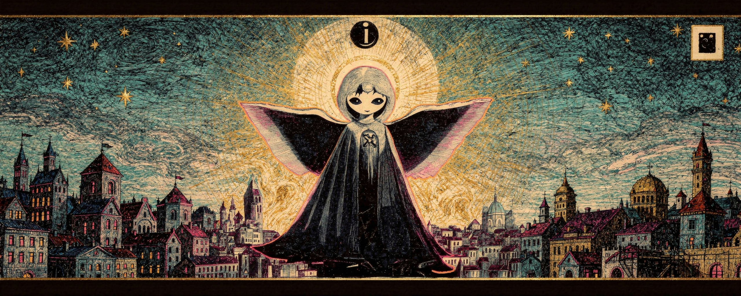 A haloed, winged figure in a dark cloak standing over a medieval cityscape under a starry night sky, rendered in gold and teal.